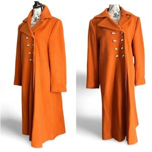 🇨🇦 Vintage 70s Dopamine Vibrant Orange Wool Coat Maxi Lenght Military Coat